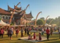 Koperasi Desa Merah Putih: Ambisi Ekonomi Rakyat atau Beban Fiskal Baru? A lively festival scene with traditional decorations and people celebrating cultural heritage, set in front of a large traditional Javanese palace. The festival promotes local businesses and tourism,