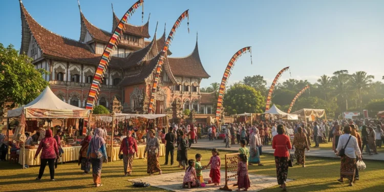 A lively festival scene with traditional decorations and people celebrating cultural heritage, set in front of a large traditional Javanese palace. The festival promotes local businesses and tourism,