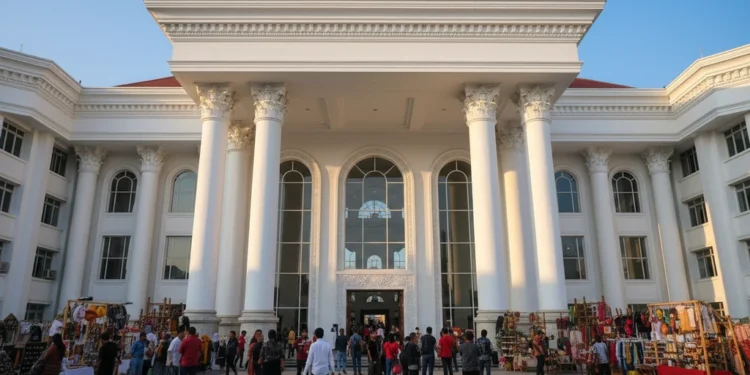 Hari Kedua Pameran UMKM dan Jambore TP PKK Makassar: Dorongan Kreativitas dari Melinda Aksa A grand entrance of Makassar City Hall with its white facade and intricate architectural details, bathed in natural light. Inside, the interior is vibrant with people setting up stalls and engaging in
