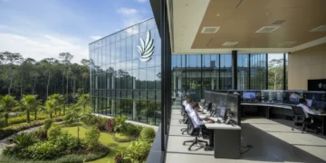 PTPN IV PalmCo headquarters, a modern building with large glass windows and a green landscape, featuring an advanced Early Warning System (EWS) control room and well-trained security personnel.