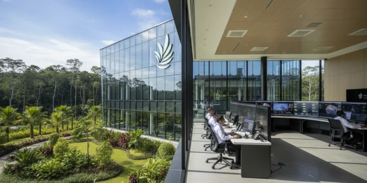 PTPN IV PalmCo Tingkatkan Mitigasi Karhutla dengan Teknologi EWS dan Satgas Terlatih PTPN IV PalmCo headquarters, a modern building with large glass windows and a green landscape, featuring an advanced Early Warning System (EWS) control room and well-trained security personnel.
