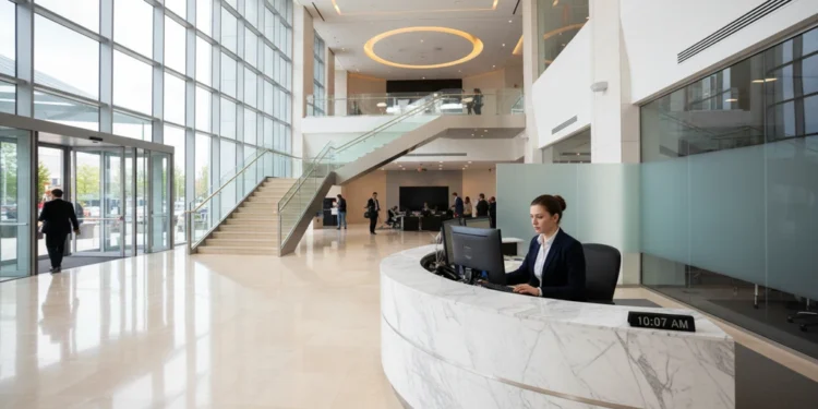 A grand entrance hall of the National Broadcasting Center with large glass windows and a grand staircase leading to the main studio, symbolizing the transparency and importance of media in revealing t