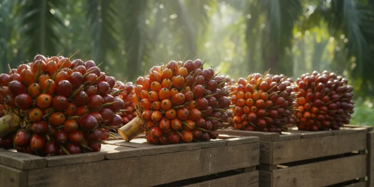 Foto makro tumpukan tandan buah kelapa sawit berwarna merah-oranye segar di atas keranjang kayu alami dengan latar belakang hutan tropis yang buram.