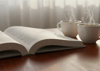 Buku medis terbuka bersanding dengan dua cangkir kopi kosong yang menguap hangat terkena sinar matahari pagi lembut.