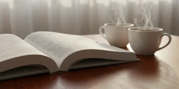 Buku medis terbuka bersanding dengan dua cangkir kopi kosong yang menguap hangat terkena sinar matahari pagi lembut.