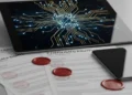 Tampilan layar tablet yang menampilkan pola sirkuit abstrak dengan titik-titik biru menyala terhubung garis emas di latar belakang gelap; di depan terdapat tumpukan dokumen hak konsumen resmi dengan s