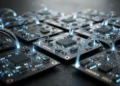 Peta sirkuit elektronik canggih dengan lampu LED biru menyala yang terhubung melalui kabel serat optik miniatur.