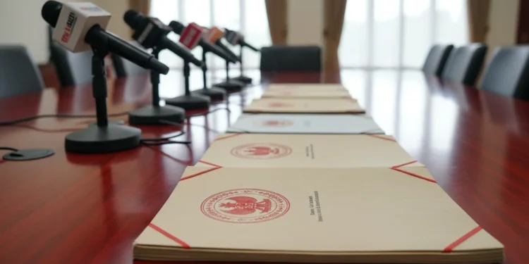 Beban Perkara Ijazah Gibran: Arah Politik PKS dan PDI Perjuangan Foto dokumentasi resmi pemerintah Indonesia dengan segel merah di atas meja kayu jati berkilau disertai deretan mikrofon stasiun televisi sebagai simbol pers.