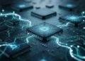 Foto makro chip mikro bersinar biru di atas papan sirkuit gelap dengan aliran data digital yang melayang melambangkan konektivitas global mendorong industri nasional.