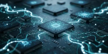 Foto makro chip mikro bersinar biru di atas papan sirkuit gelap dengan aliran data digital yang melayang melambangkan konektivitas global mendorong industri nasional.