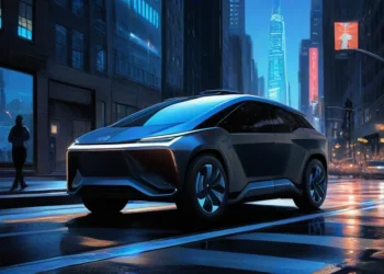 Mobil listrik otonom dengan sensor robotika bercahaya di jalan kota futuristik saat senja.