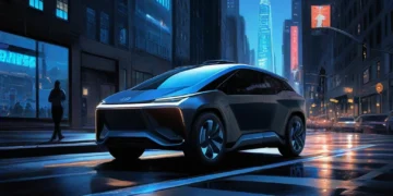 Mobil listrik otonom dengan sensor robotika bercahaya di jalan kota futuristik saat senja.