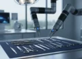 Tampilan dekat lengan robot bedah canggih dengan sensor LED biru yang melayangkan di atas rak alat medis terbuka berisi skalar logam steril dan penjepit pada meja laboratorium baja berkilau.