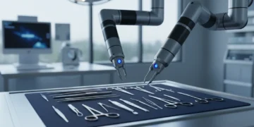 Tampilan dekat lengan robot bedah canggih dengan sensor LED biru yang melayangkan di atas rak alat medis terbuka berisi skalar logam steril dan penjepit pada meja laboratorium baja berkilau.