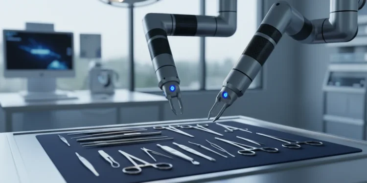 Tampilan dekat lengan robot bedah canggih dengan sensor LED biru yang melayangkan di atas rak alat medis terbuka berisi skalar logam steril dan penjepit pada meja laboratorium baja berkilau.