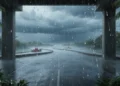 Cuaca badai hujan deras dengan air jatuh deras mengenai jalan aspal basah yang memantulkan cahaya langit biru-abu gelap; siluet perahu SAR oranye mengambang dekat jalan banjir jauhnya di bawah awan te
