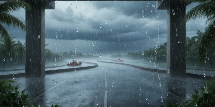 Cuaca badai hujan deras dengan air jatuh deras mengenai jalan aspal basah yang memantulkan cahaya langit biru-abu gelap; siluet perahu SAR oranye mengambang dekat jalan banjir jauhnya di bawah awan te