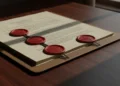 Folder dokumen resmi dengan segel merah dan teks hukum di atas meja kayu gelap.