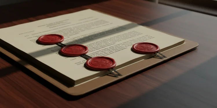 Folder dokumen resmi dengan segel merah dan teks hukum di atas meja kayu gelap.