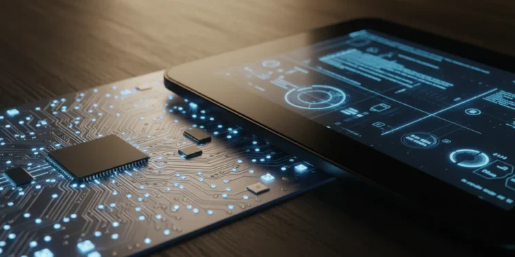 LG Raih Predikat Mesin Cuci Nomor Satu Terpasang Pakai Teknologi AI Papan sirkuit elektronik bercahaya biru dan kontrol mesin cuci modern tanpa logo merek.