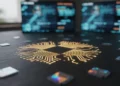 "Foto detail papan sirkuit emas dengan chip data holografis yang bersinar di atas meja kayu gelap"