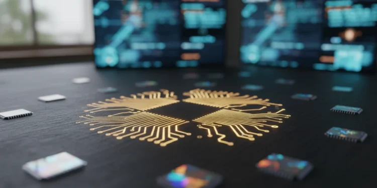 "Foto detail papan sirkuit emas dengan chip data holografis yang bersinar di atas meja kayu gelap"