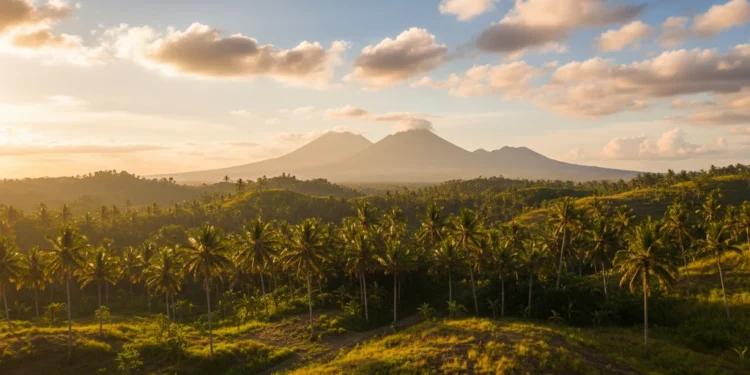 Prakiraan Cuaca Makassar 28 Oktober 2026: Cerah Berawan Seluruh Hari Foto udara atau pemandangan langit cerah berawan di atas pepohonan hijau dengan cahaya matahari pagi yang hangat.