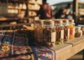 Foto makro detail kerajinan tenunanyut khas Sulteng dengan pola rumit berwarna biru tua coklat tanah serta produk kuliner kemasan kaca berisi rempah kering di atas meja kayu alami.