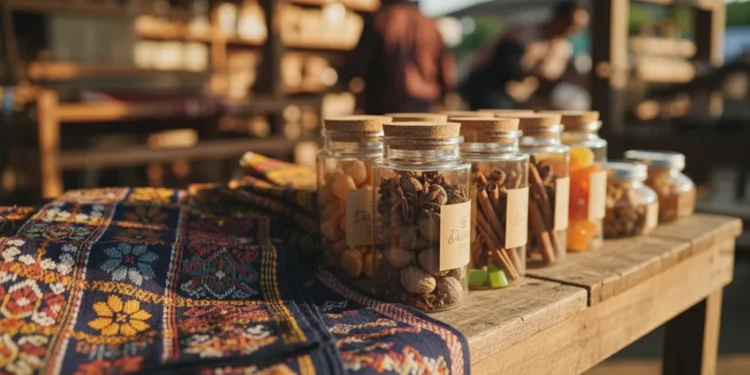 Pembinaan Intensif 215 UMKM Sulsel Lewat Program REWAKO 2026 Foto makro detail kerajinan tenunanyut khas Sulteng dengan pola rumit berwarna biru tua coklat tanah serta produk kuliner kemasan kaca berisi rempah kering di atas meja kayu alami.