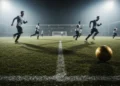 Striker Liga Norwegia Siap Menjadi Senjata Baru Timnas Di Piala Asia Suasana pertandingan sepak bola profesional malam hari dengan sorot lampu stadion dramatis dan pemain kabur bergerak pada rumput basah, bola emas menggelinding menuju tiang gawang siluet kosong garis