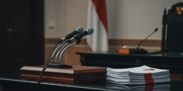 Foto jurnalistik deretan mikrofon penyiaran, dokumentasi resmi bertanda tangan Partai Komunis Tiongkok, suasana rapat politik.