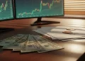 Panduan Membaca Laporan Keuangan Perusahaan untuk Investor Pemula "Foto makro uang kertas AS berserakan di meja kayu berkilau berdampingan dengan layar komputer yang menampilkan grafik saham naik berwarna hijau dan panah ke atas. Cahaya emas dari jam hari menyinari
