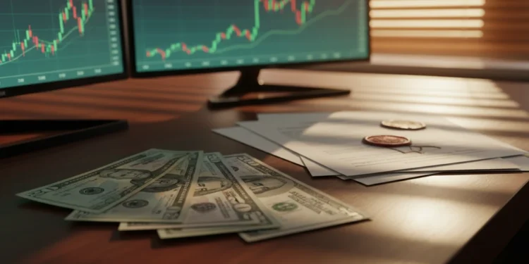 Wall Street Menguat Didominasi Lonjakan Reaksi Saham Teknologi "Foto makro uang kertas AS berserakan di meja kayu berkilau berdampingan dengan layar komputer yang menampilkan grafik saham naik berwarna hijau dan panah ke atas. Cahaya emas dari jam hari menyinari