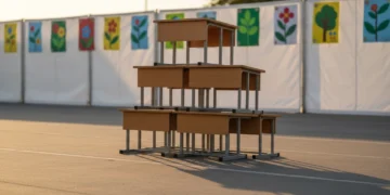 Foto close-up meja-meja kayu sekolah yang rapi disusun di area lapangan kosong saat matahari terbenam dengan cahaya hangat panjangnya bayangan dan dinding putih berposter seni pendidikan.