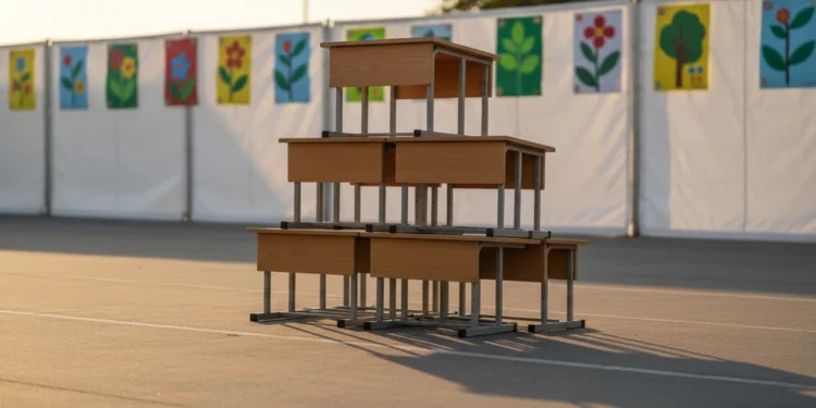 Foto close-up meja-meja kayu sekolah yang rapi disusun di area lapangan kosong saat matahari terbenam dengan cahaya hangat panjangnya bayangan dan dinding putih berposter seni pendidikan.