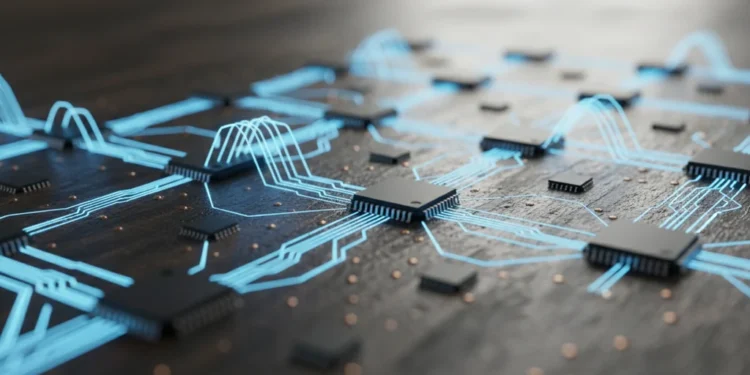 Foto detail papan sirkuit modern dengan aliran data biru menyala yang mengalir antara mikrochip pada meja gelap.