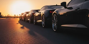 Gambangkan siluet mobil sport modern yang diparkir di jalan kota saat waktu emas matahari terbenam dengan cahaya hangat memanjangkan bayangan dramatis pada permukaan aspal. Fokus dekat pada detail kro