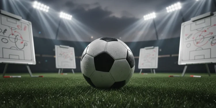 Timnas Indo U-20 Latihan di Turki Hadapi Musuh Berat Bola sepak profesional bersandar pada rumput stadion yang basah di bawah sorot lampu malam dramatis, dikelilingi oleh papan strategi taktik buram dengan diagram kompleks dan pulpen merah, menangkap su