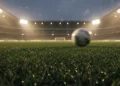 Kontroversi Halftime Show Final Piala Dunia 2026: FIFA Langgar Aturan Jeda Pertandingan? Suasana pertandingan sepak bola profesional dengan lapangan hijau kosong di bawah sorot lampu stadion dramatis pada waktu senja.