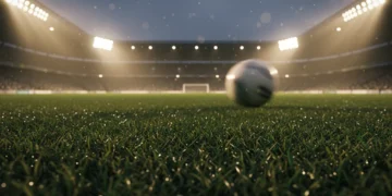 Suasana pertandingan sepak bola profesional dengan lapangan hijau kosong di bawah sorot lampu stadion dramatis pada waktu senja.