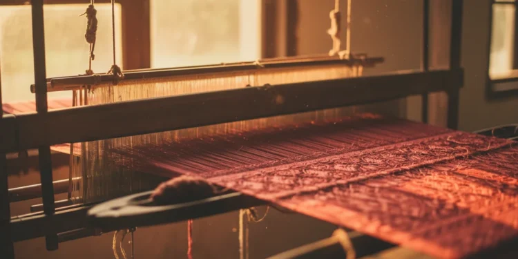 "Foto detail kain sutera merah dengan motif anyaman halus di atas alat tenun kayu, dipancing cahaya matahari sore yang hangat sebagai metafora ikatan sosial masyarakat Bugis"