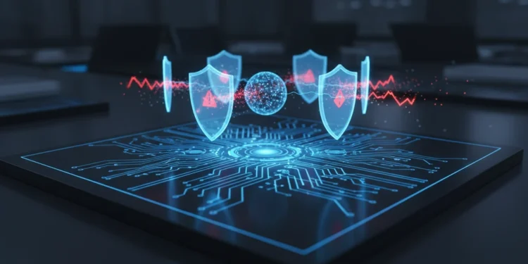 Kartika Cyber Hackathon 2026: Tantangan AI & Keamanan Siber Hadiah Miliaran Tampilan antarmuka siber masa depan dengan aliran data kompleks dan garis sirkuit bersinar biru di atas latar belakang hitam matanya yang gelap.