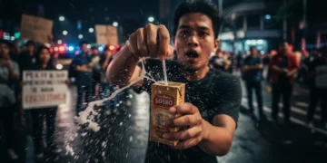 Close-up photograph showing a person receiving a box of Teh Botol Sosro tea that leaks white soap-like fluid when opened, captured against a backdrop of nighttime protests in Jakarta.