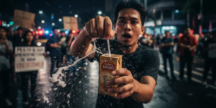 Close-up photograph showing a person receiving a box of Teh Botol Sosro tea that leaks white soap-like fluid when opened, captured against a backdrop of nighttime protests in Jakarta.