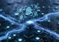 Kartika Cyber Hackathon 2026: Tantangan AI & Keamanan Siber Hadiah Miliaran Foto makro chip sirkuit bercahaya dengan ikon keamanan biometri yang diproyeksikan secara holografis di atasnya, dikelilingi oleh aliran data digital seperti air bawah pencahayaan biru dramatis yang m