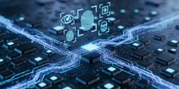 Foto makro chip sirkuit bercahaya dengan ikon keamanan biometri yang diproyeksikan secara holografis di atasnya, dikelilingi oleh aliran data digital seperti air bawah pencahayaan biru dramatis yang m