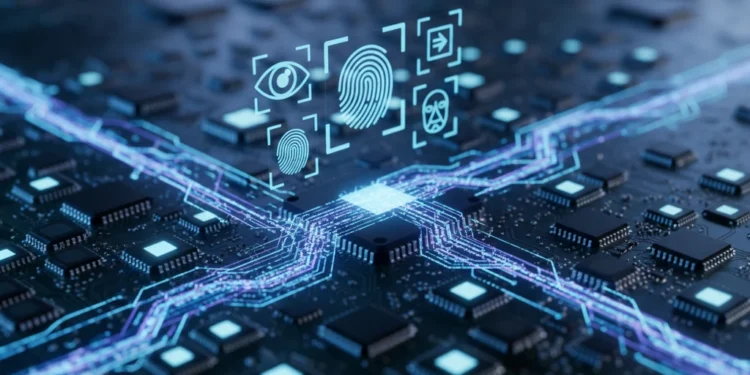 Gemini 4 Carbon Resmi Diluncurkan Google Untuk Keamanan Digital Foto makro chip sirkuit bercahaya dengan ikon keamanan biometri yang diproyeksikan secara holografis di atasnya, dikelilingi oleh aliran data digital seperti air bawah pencahayaan biru dramatis yang m