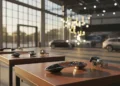 Tiga gagang pintu mobil model baru diletakkan rapi atas meja pameran kayu dengan pencahayaan hangat sore hari yang menciptakan bayangan panjang.