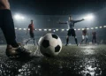 Suasana pertandingan sepak bola profesional di lapangan basah malam hari dengan sorot lampu stadion yang dramatis. Fokus pada bola kaki hitam-putih resmi dan sepatu bot kotor yang mengarah ke arah bol