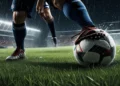 Bola sepak profesional diam di atas rumput basah bawah sorot lampu stadion malam hari dengan efek buram gerakan menunjukkan kecepatan tinggi dan sepatu bola beku dalam posisi dinamis.